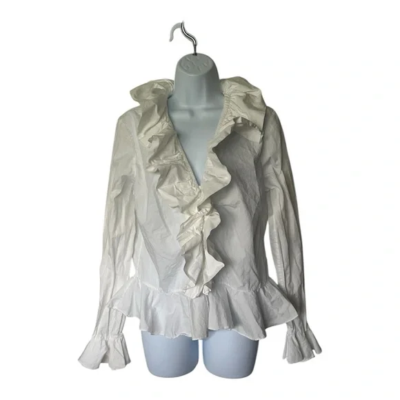 Ralph Lauren Vintage 90s White Cotton Ruffle Blouse Long Sleeve Peplum Size 12 - Picture 2 of 5
